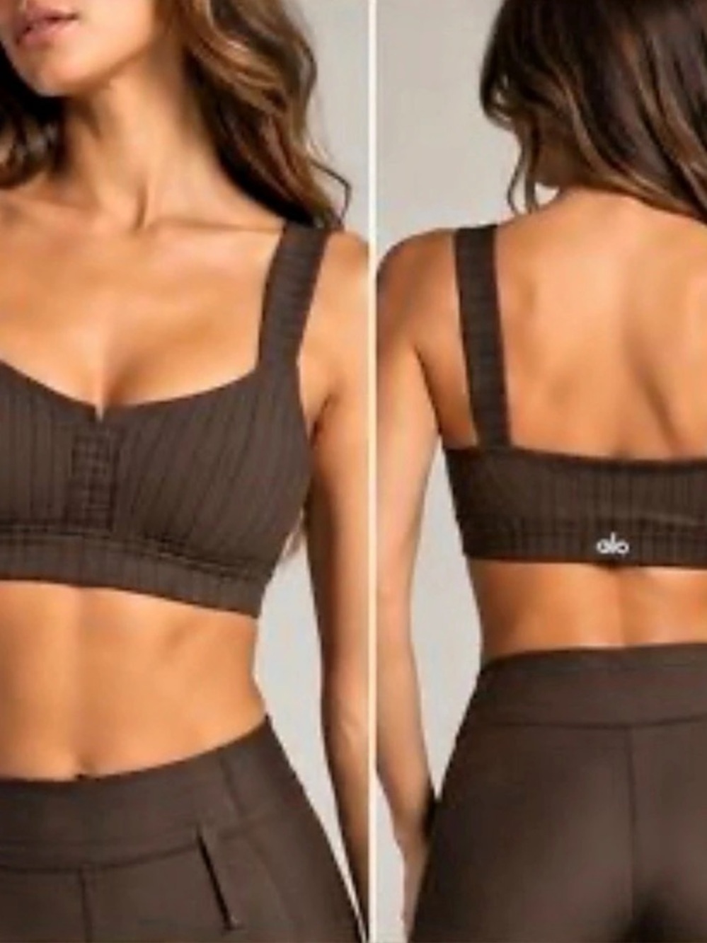 Alo Yoga Pinstripe Jacquard Captivate Bra (in the Espresso/Black colorway) small